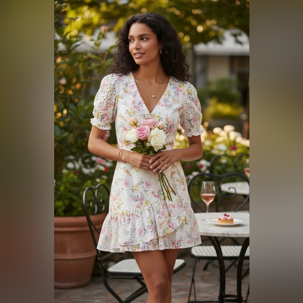 Yumi‎ Kim Romantic Floral Lace White Mini wrap Dress Size 8